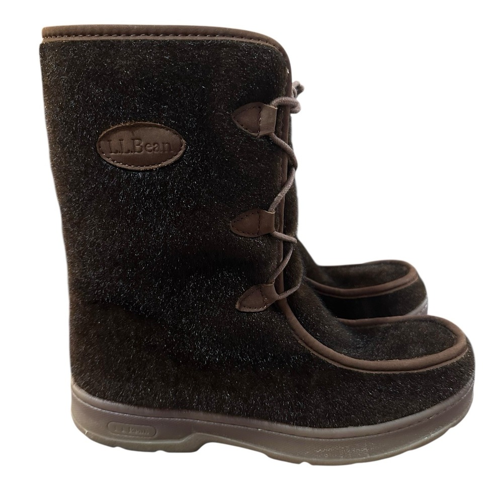 LL Bean Women 9 M Mukluk Winter Boots Brown Fleece Lined Faux Fur Faux Calf Hair